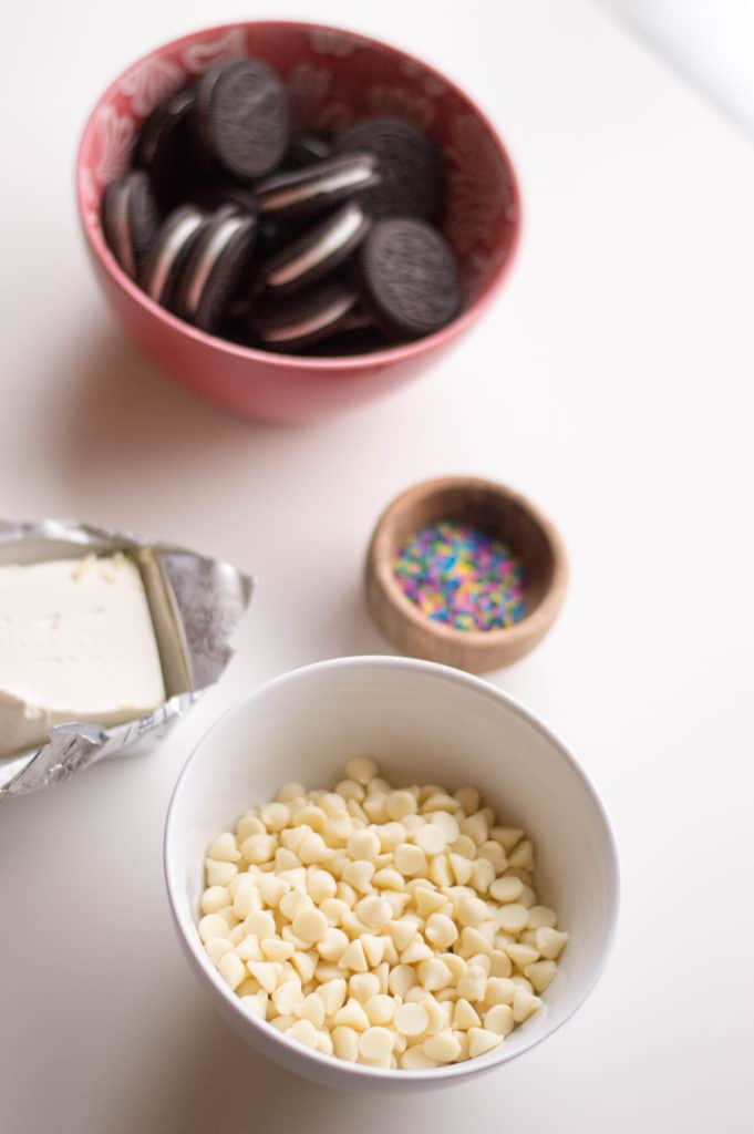 overhead view of ingredients to make Easter egg truffles with crushed Oreos