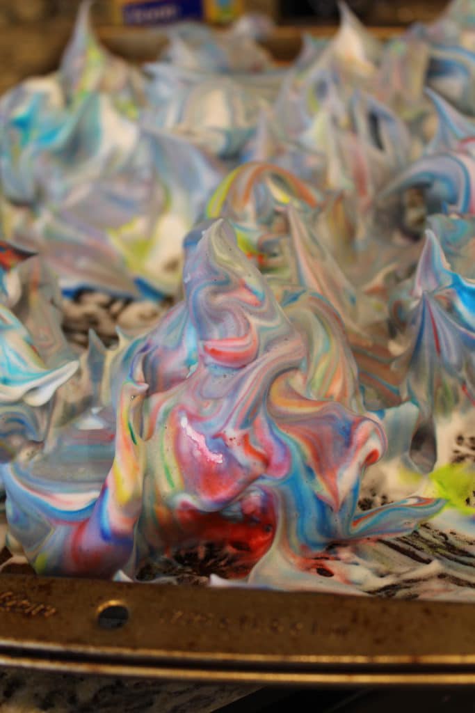 close up of shaving cream mixture with food coloring