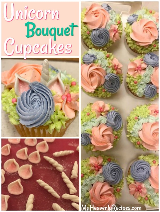 collage of unicorn bouquet cupcake photos including unicorn frosting