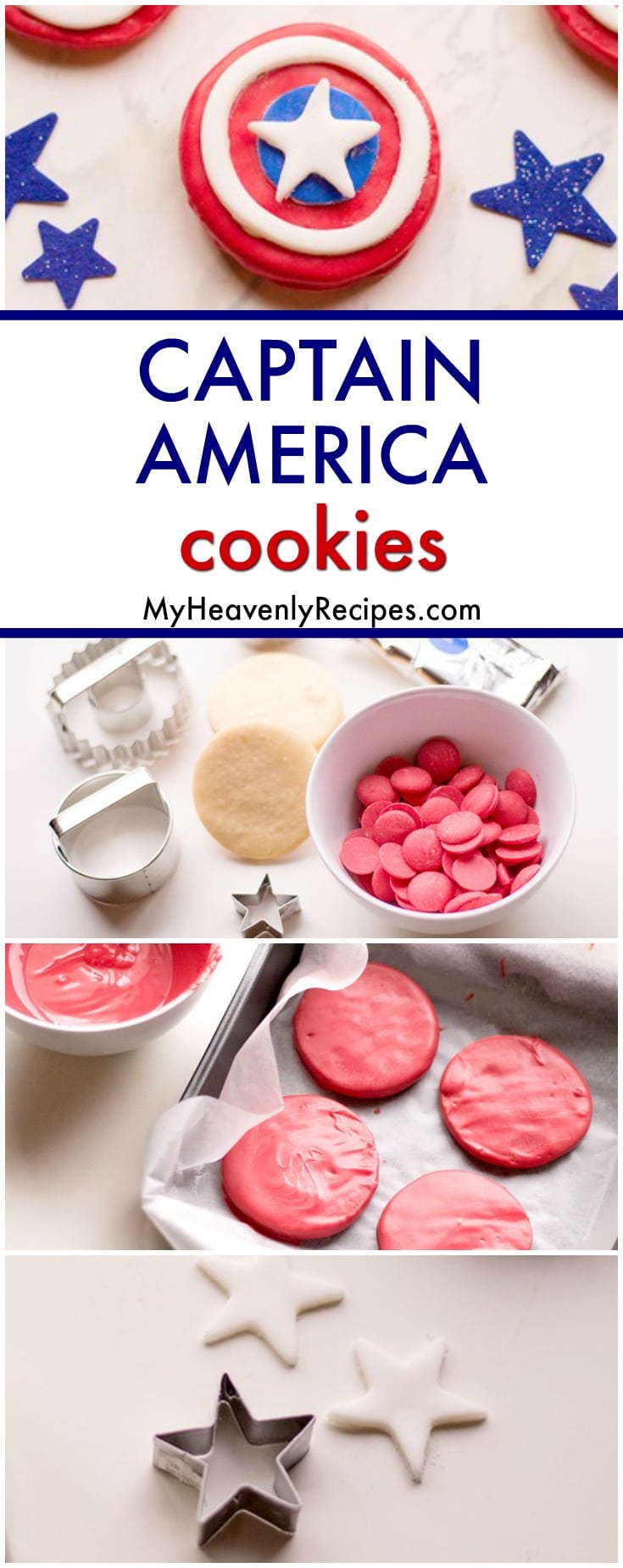 Captain America fans young and old will LOVE these superhero cookies! Captain America Cookies are perfect for kids birthday parties or for munching on while watching the Captain America movies. Enjoy, Marvel Comics fans! #captainamerica #captainamericacookies #superhero #birthdaypartycookies #marvelcomics