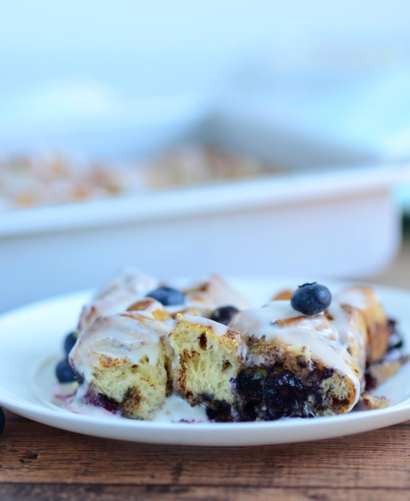 close up shot of texture in blueberry cinnamon roll french toast