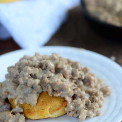 head on shot of biscuits and gravy on plate