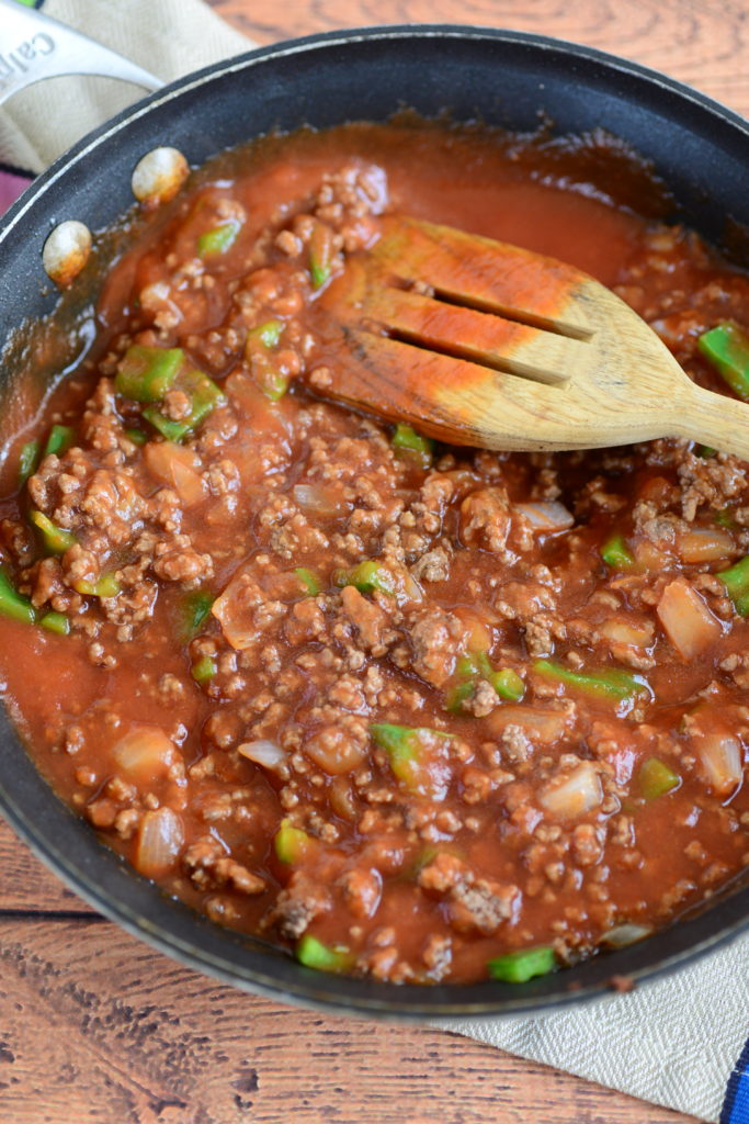 overhead shot of sloppy joe in skillet