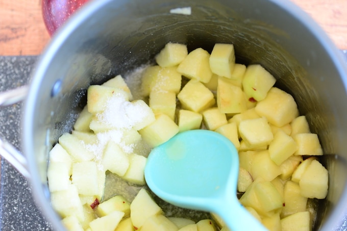 Add in diced apples and coat with butter if the pan is dry.