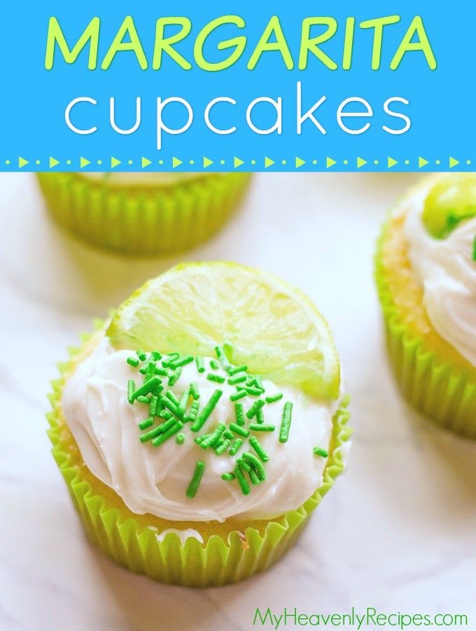 closeup of margarita cupcakes with lime on top and green sprinkles