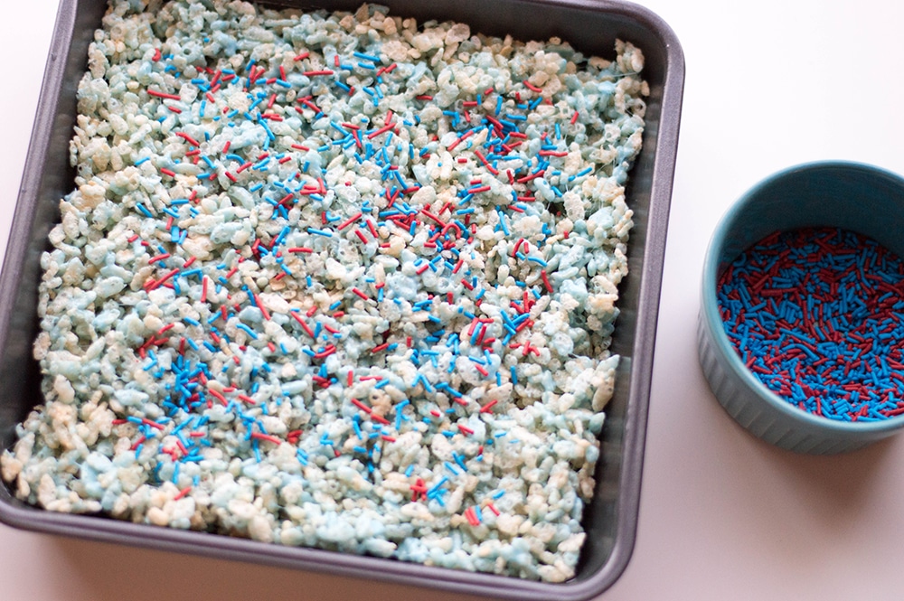 patriotic rice krispies treats in a 8x8 baking dish