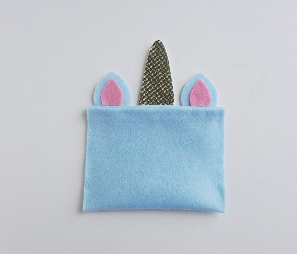 glued and folded fabric pieces for unicorn pencil case