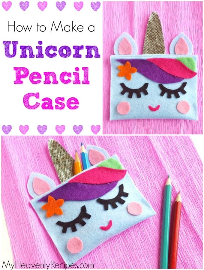 two photos of a unicorn pencil case on pink fabric next to pencils