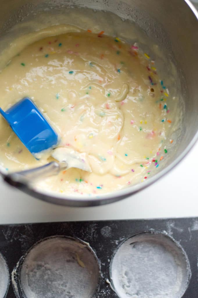 stainless steel bowl with cake mix and sprinkles for whoopie pie recipe