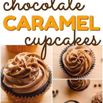 collage of caramel cupcakes on a wooden background