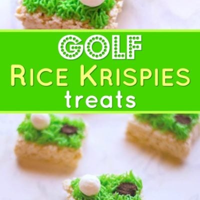 overview of rice krispies golf treats on a countertop