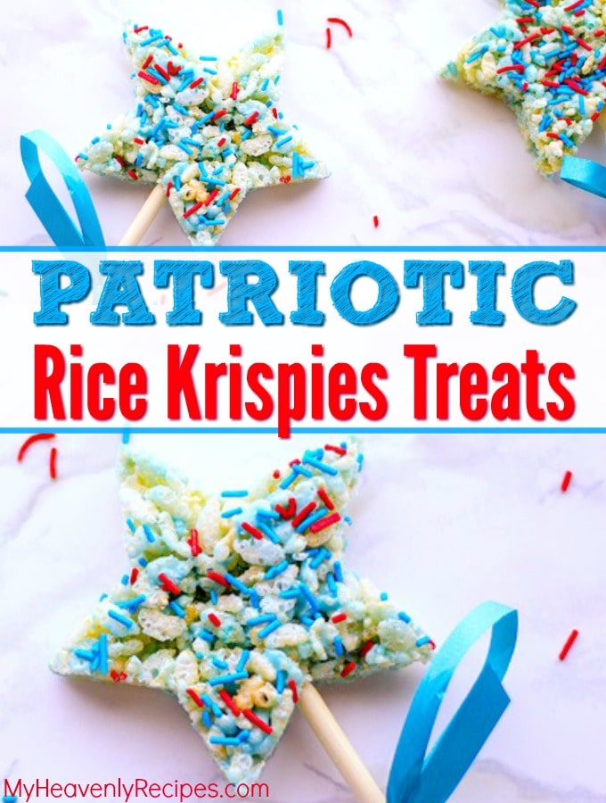 overhead view of patriotic rice krispies treats on sticks with blue ribbons