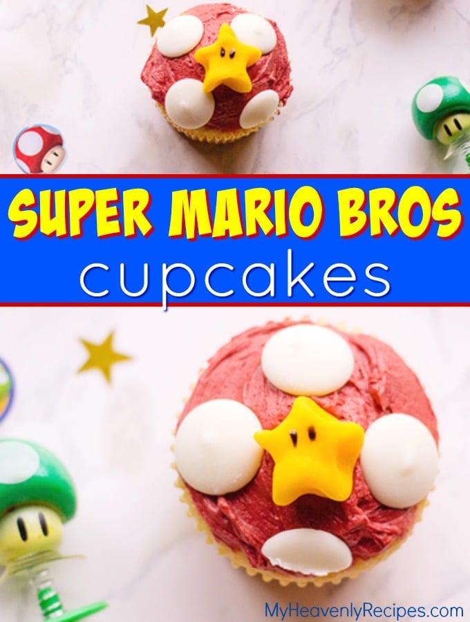 overhead view of two super mario cupcakes with super mario trinkets around