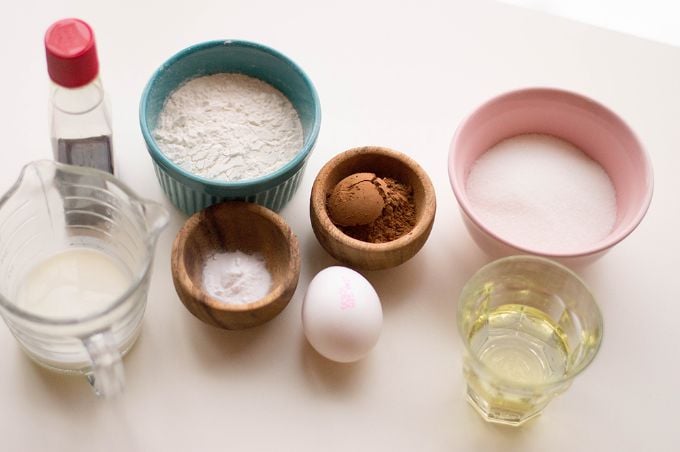 overhead view of caramel cupcakes ingredients in small bowls