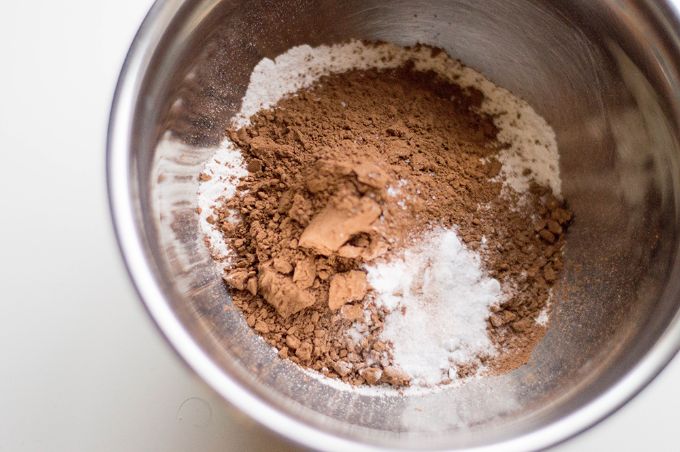 overhead view of bowl containing ingredients for caramel cupcakes chocolate buttercream