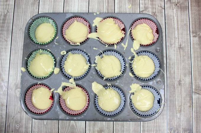 ice cream cone cupcakes batter poured into a muffin tin