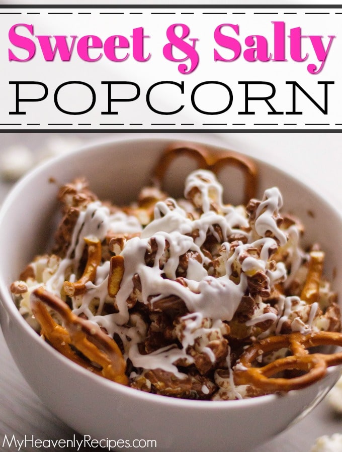 closeup of sweet and salty popcorn in a white bowl with drizzled chocolate on top