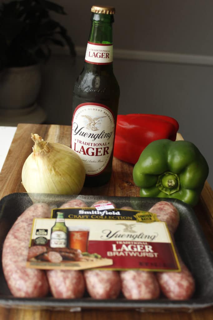 smithfield yuengling brats with peppers onions and yuengling beer