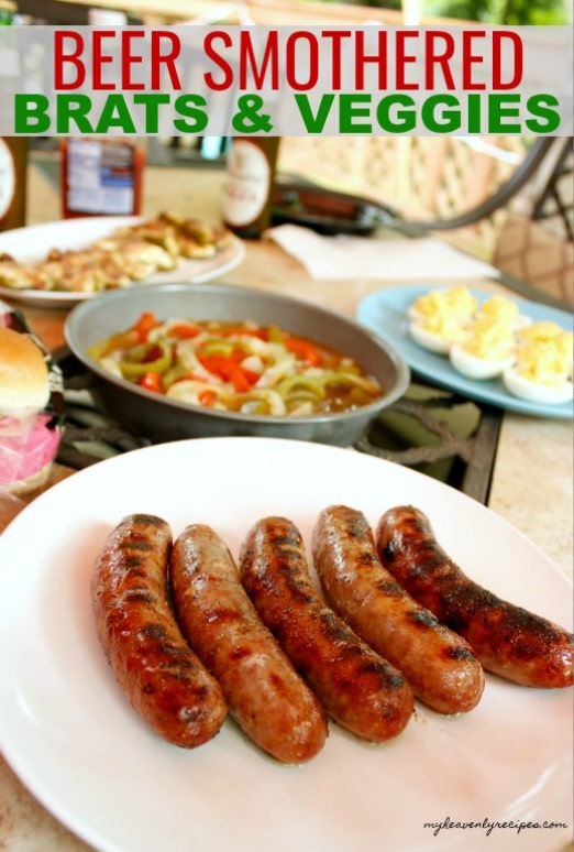 beer smothered brats and veggies featured image