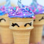 close up featured image for unicorn ice cream cone cupcakes