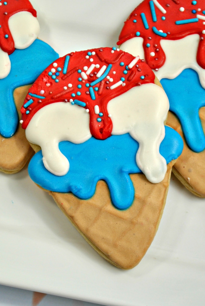Red, white, and blue ice cream cone sugar cookies made with royal icing 