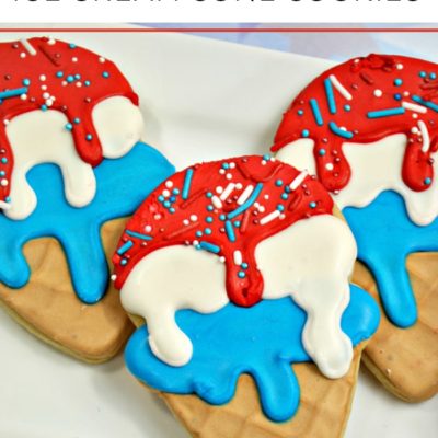 Red, white, and blue ice cream cone sugar cookies made with royal icing