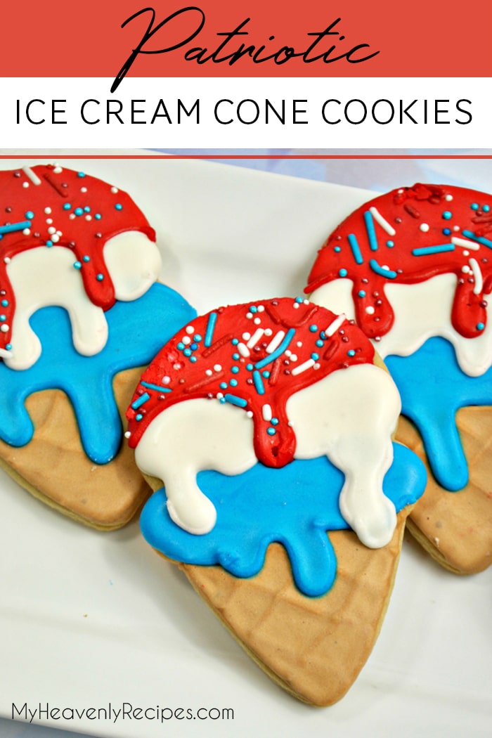 Red, white, and blue ice cream cone sugar cookies made with royal icing