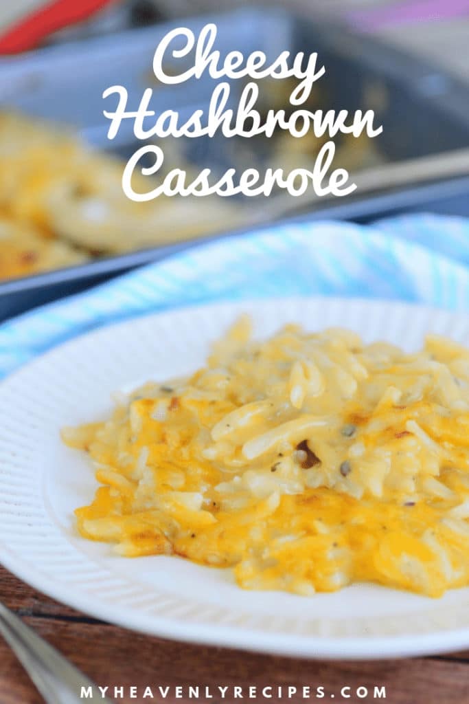 this Hashbrown Casserole Cracker Barrel Copycat Recipe on white plate and casserole dish with towel