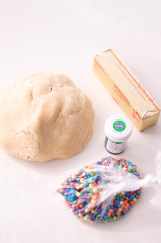 sugar cookie dough, butter, food coloring, candies