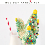 christmas tree shaped rice krispie treats with text