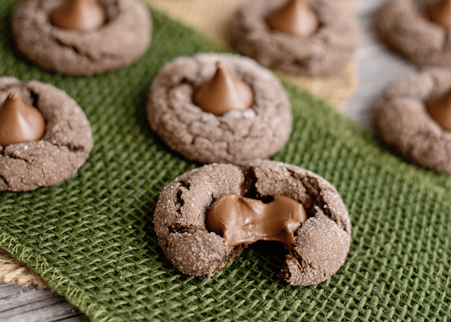 chocolate cake mix cookies with hershey kiss on green tray