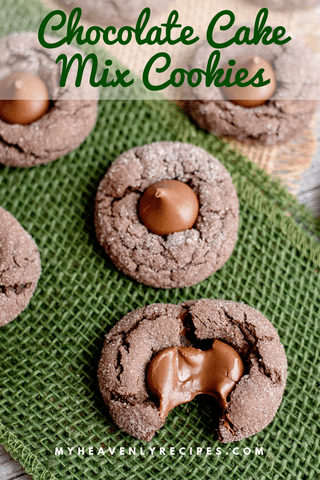 chocolate cake mix cookies with hershey kiss on green tray and text