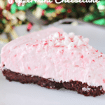 peppermint cheesecake with oreo crust with text