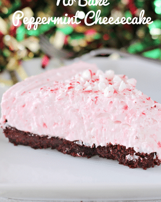 peppermint cheesecake with oreo crust with text