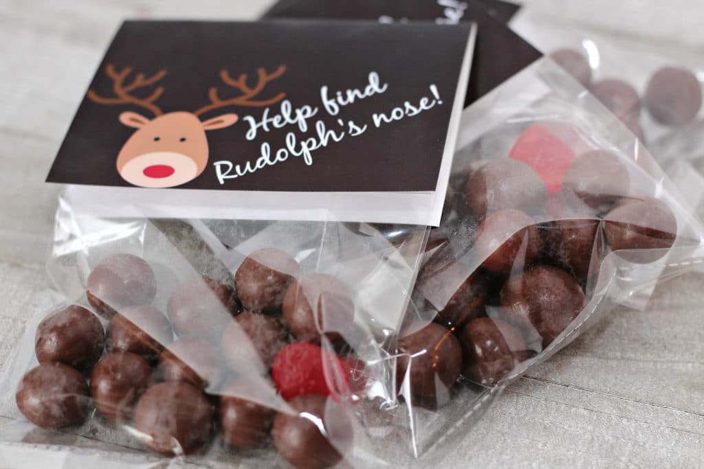 whoppers,red dot candy, reindeer printable label in treat bag