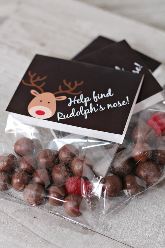 whoppers,red dot candy, reindeer printable label in treat bag