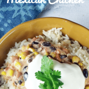 mexican chicken, cilantro, sour cream over rice with text