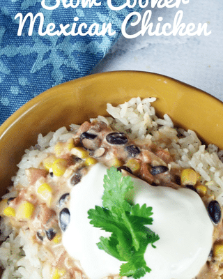 mexican chicken, cilantro, sour cream over rice with text