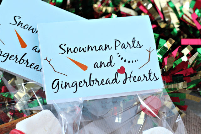 marshmallows, pretzel sticks, candy corn, red dots, snowman parts label