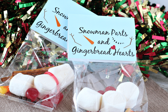 marshmallows, pretzel sticks, candy corn, red dots, snowman parts label