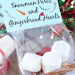 marshmallows, pretzel sticks, candy corn, red dots, snowman parts label