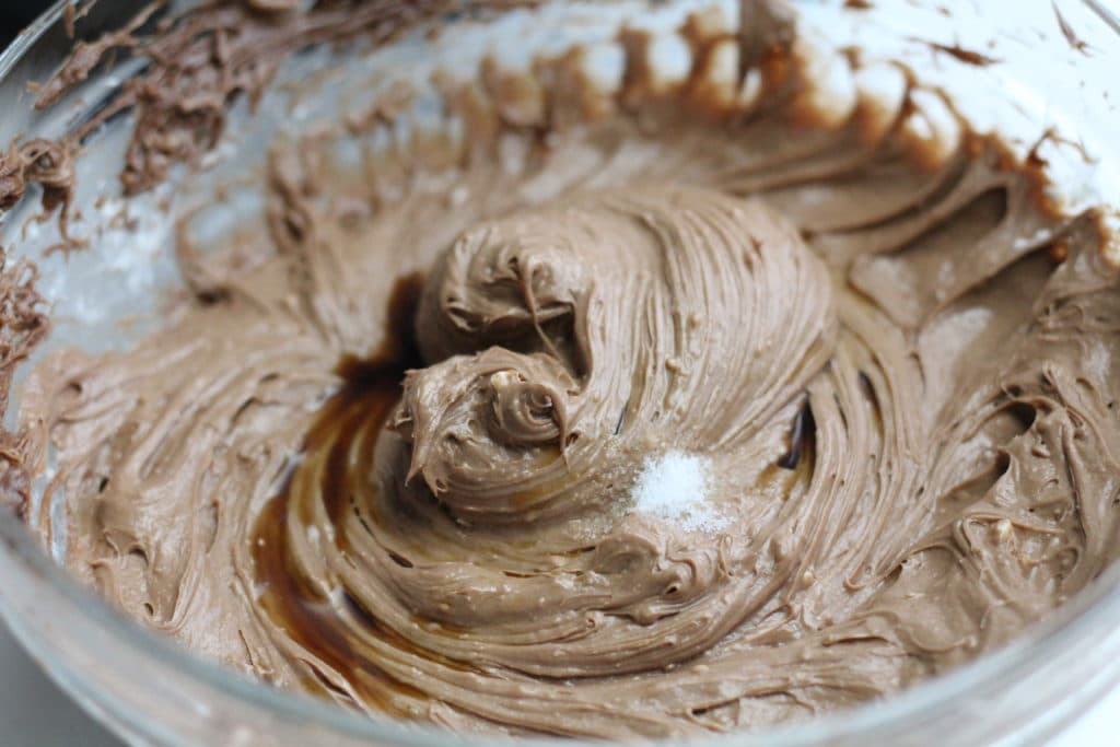 upclose of chocolate cheesecake recipe mixture in a bowl
