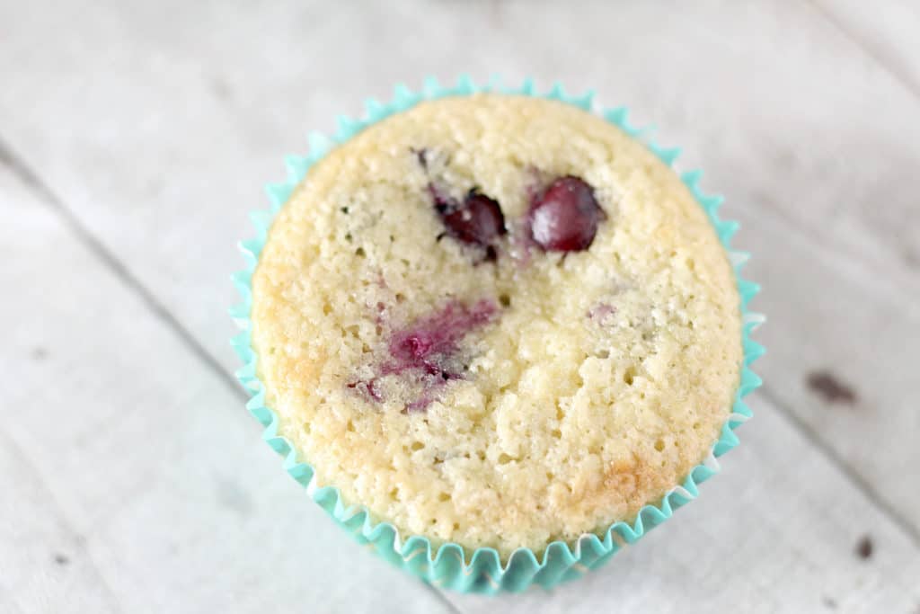 keto blueberry muffin on wood grain background