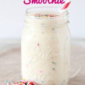 brithday cake smoothie in mason jar with text