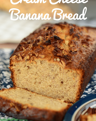 sliced cream cheese banana bread on blue plate with text