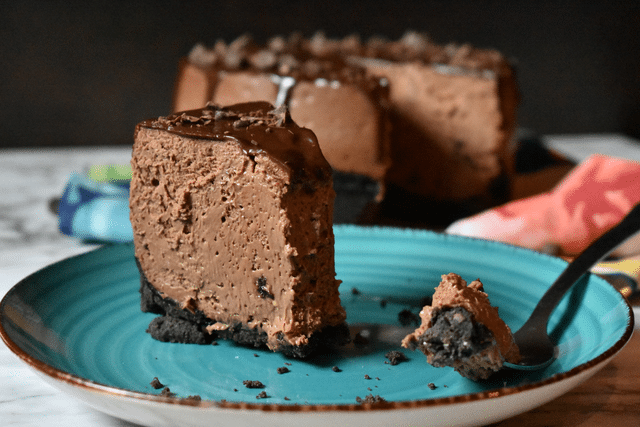 chocolate cheesecake on blue plate