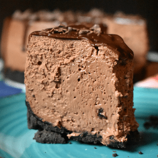 vertical image of instant pot chocolate cheesecake
