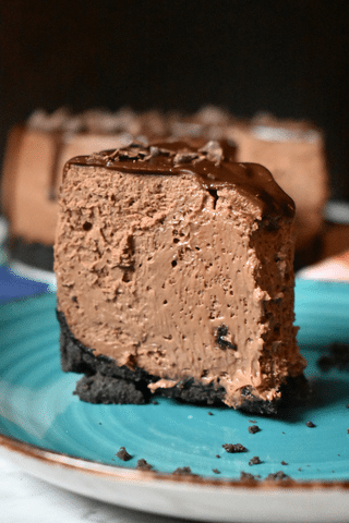 vertical image of instant pot chocolate cheesecake