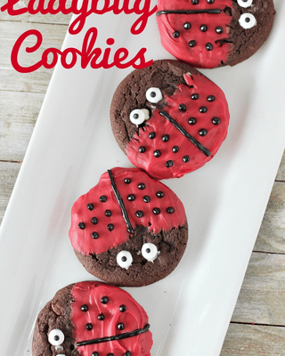 ladybug cookies on white tray with text
