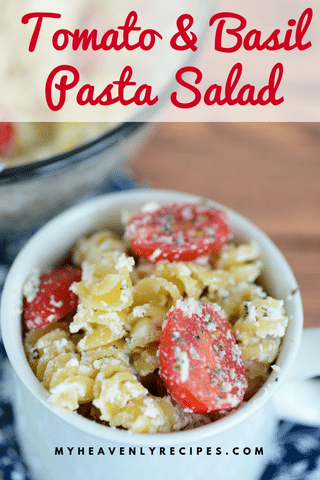 pasta, tomato, cheese in white bowl with text